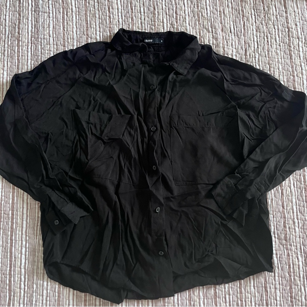 Black Button-Up Casual Shirt with Chest Pockets